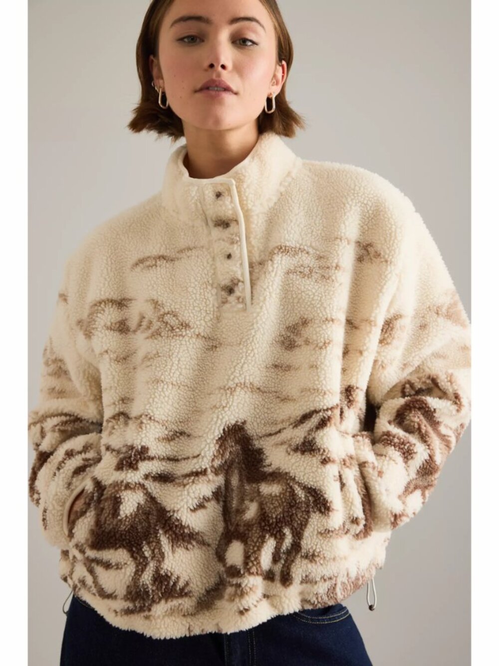 Levi's Kasey Sherpa Pullover Jacket Cream Brown Horse Print Snap Mock Neck